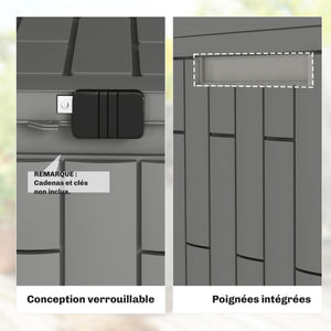 Coffre de Rangement Extérieur 379 L Verrouillable avec Vérin à Gaz, Boîte de Jardin en Aspect Bois Résistant aux UV, pour Outils Accessoires, 122,5x56x62cm, Gris