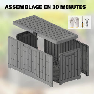 Coffre de Rangement Extérieur 379 L Verrouillable avec Vérin à Gaz, Boîte de Jardin en Aspect Bois Résistant aux UV, pour Outils Accessoires, 122,5x56x62cm, Gris