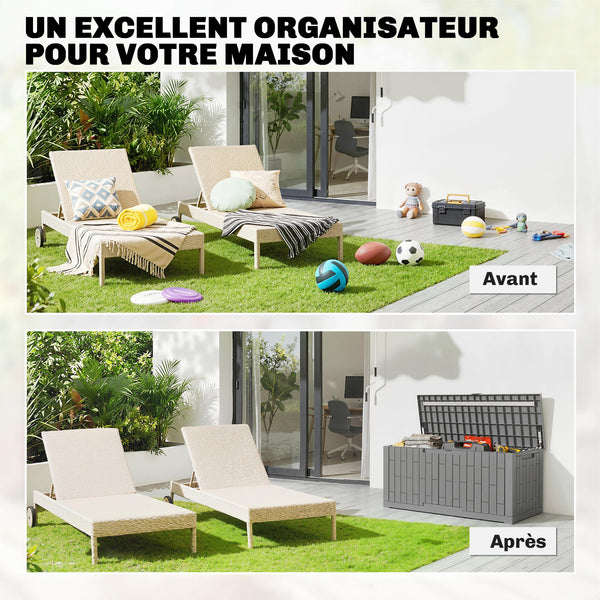 Coffre de Rangement Extérieur 379 L Verrouillable avec Vérin à Gaz, Boîte de Jardin en Aspect Bois Résistant aux UV, pour Outils Accessoires, 122,5x56x62cm, Gris