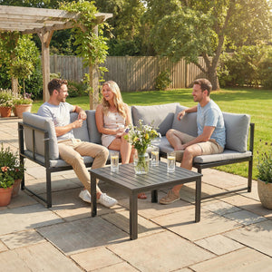 Salon de Jardin 3 Pièces en Métal avec Table Basse à Lattes, Coussins, Accoudoirs Réglables, Canapé d'Angle 4 Places pour Terrasse, Mobilier d'Extérieur, Gris