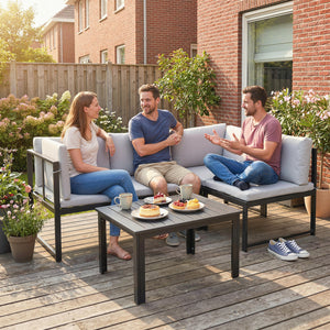 Salon de Jardin 3 Pièces en Métal avec Table Basse à Lattes, Coussins, Accoudoirs Réglables, Canapé d'Angle 4 Places pour Terrasse, Mobilier d'Extérieur, Gris