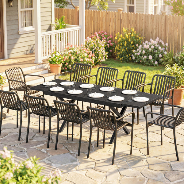 Table de Jardin Extensible Aluminium Effet Bois - 154-214 cm Table de Repas Extérieure pour 8-10 Personnes - Structure X Robuste et Pieds Réglables pour Terrasse et Jardin, Gris Anthracite