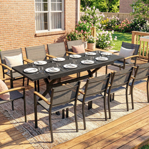 Table de Jardin Extensible Aluminium Effet Bois - 154-214 cm Table de Repas Extérieure pour 8-10 Personnes - Structure X Robuste et Pieds Réglables pour Terrasse et Jardin, Gris Anthracite