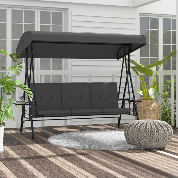 Balancelle de jardin 3 places grand confort inclinaison toit réglable, 2 tablettes latérales, coussins, acier polyester gris foncé