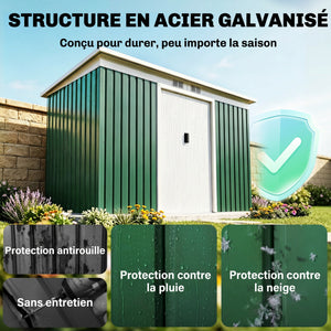Abri de jardin en acier galvanisé XXL 3,6 m² avec kit de fondation 280 x 130 x 172 cm, cabane de jardin cabanon rangement outils avec portes coulissantes verrouillables aérations, vert foncé