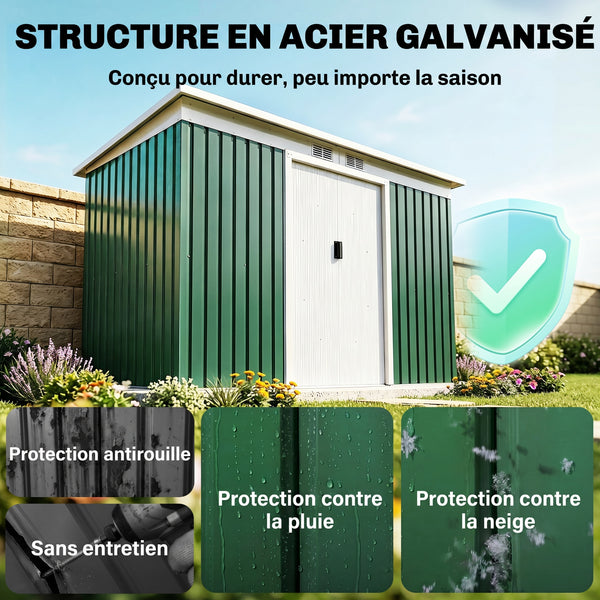 Abri de jardin en acier galvanisé XXL 3,6 m² avec kit de fondation 280 x 130 x 172 cm, cabane de jardin cabanon rangement outils avec portes coulissantes verrouillables aérations, vert foncé