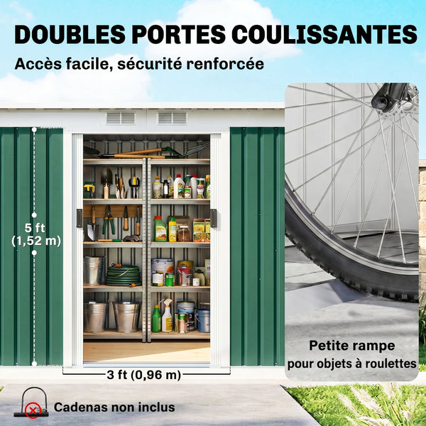Abri de jardin en acier galvanisé XXL 3,6 m² avec kit de fondation 280 x 130 x 172 cm, cabane de jardin cabanon rangement outils avec portes coulissantes verrouillables aérations, vert foncé