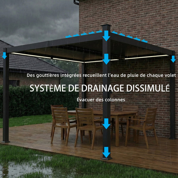 Pergola bioclimatique 3x3m avec lumières LED solaires, pergola à lames orientables, toit métallique, gouttières, manivelle, tonnelle de jardin abri terrasse, protection soleil, noir
