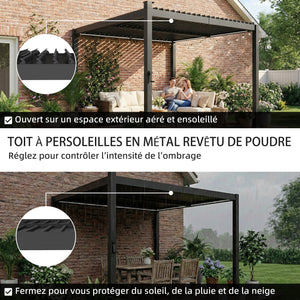 Pergola bioclimatique 3x3m avec lumières LED solaires, pergola à lames orientables, toit métallique, gouttières, manivelle, tonnelle de jardin abri terrasse, protection soleil, noir