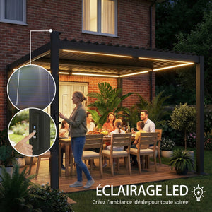 Pergola bioclimatique 3x3m avec lumières LED solaires, pergola à lames orientables, toit métallique, gouttières, manivelle, tonnelle de jardin abri terrasse, protection soleil, noir