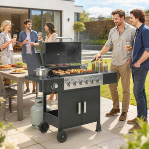 Barbecue à gaz 6+1 brûleurs, chariot portable avec roues, grille de maintien au chaud, thermomètre intégré, étagères latérales, placard, couvercle, noir