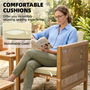 Ensemble de mobilier de jardin en bois pour 4 personnes salon de jardin avec canapé 2 places 2 fauteuils table tressée design à lames coussins lavables, mobilier d'extérieur balcon terrasse pour jardin balcon Beige