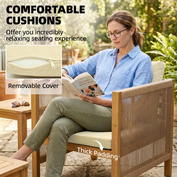 Ensemble de mobilier de jardin en bois pour 4 personnes salon de jardin avec canapé 2 places 2 fauteuils table tressée design à lames coussins lavables, mobilier d'extérieur balcon terrasse pour jardin balcon Beige