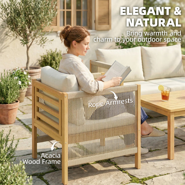 Ensemble de mobilier de jardin en bois pour 4 personnes salon de jardin avec canapé 2 places 2 fauteuils table tressée design à lames coussins lavables, mobilier d'extérieur balcon terrasse pour jardin balcon Beige