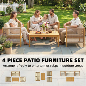 Ensemble de mobilier de jardin en bois pour 4 personnes salon de jardin avec canapé 2 places 2 fauteuils table tressée design à lames coussins lavables, mobilier d'extérieur balcon terrasse pour jardin balcon Beige