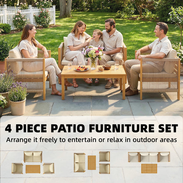 Ensemble de mobilier de jardin en bois pour 4 personnes salon de jardin avec canapé 2 places 2 fauteuils table tressée design à lames coussins lavables, mobilier d'extérieur balcon terrasse pour jardin balcon Beige