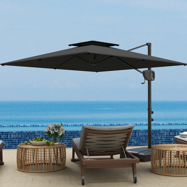 Parasol déporté carré 2,5 x 2,5 m, parasol de jardin extérieur avec manivelle, 2 bases incluses, toile polyester 200 g/m², double toit, 8 baleines, gris foncé