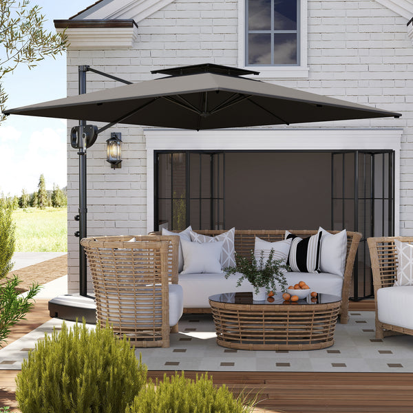 Parasol déporté carré 2,5 x 2,5 m, parasol de jardin extérieur avec manivelle, 2 bases incluses, toile polyester 200 g/m², double toit, 8 baleines, gris foncé
