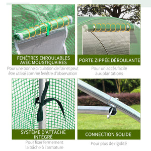 Serre de Jardin Tunnel 13,5 m² dim. 4,5L x 3l x 2H m - 6 fenêtres, Porte zippée Enroulable - châssis Tubulaire Acier galvanisé, bâche PE Haute densité Vert
