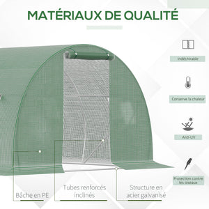 Serre de Jardin Tunnel 13,5 m² dim. 4,5L x 3l x 2H m - 6 fenêtres, Porte zippée Enroulable - châssis Tubulaire Acier galvanisé, bâche PE Haute densité Vert