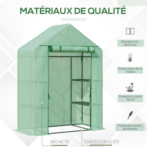Serre de Jardin avec Étagères 3 Niveaux, Petite Serre de Balcon en Bâche PE 140 g/㎡ Renforcée et Châssis Acier, pour Légumes et Fleurs, Intérieur et Extérieur, 141 x 72 x 191 cm, Vert