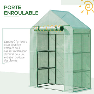 Serre de Jardin avec Étagères 3 Niveaux, Petite Serre de Balcon en Bâche PE 140 g/㎡ Renforcée et Châssis Acier, pour Légumes et Fleurs, Intérieur et Extérieur, 141 x 72 x 191 cm, Vert