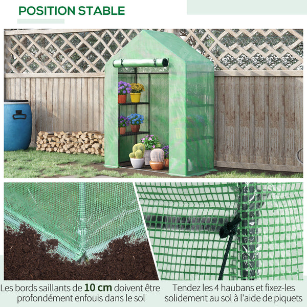 Serre de Jardin avec Étagères 3 Niveaux, Petite Serre de Balcon en Bâche PE 140 g/㎡ Renforcée et Châssis Acier, pour Légumes et Fleurs, Intérieur et Extérieur, 141 x 72 x 191 cm, Vert