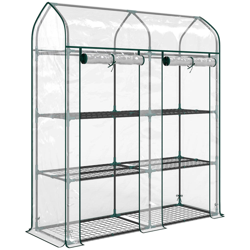 Serre de Jardin avec Étagères 3 Niveaux à Toit Pointu, Petite Serre de Balcon en Bâche PVC et Châssis Acier, 2 Portes Roulantes, pour Légumes Plantes Fleurs, 143 x 46 x 165 cm, Transparent