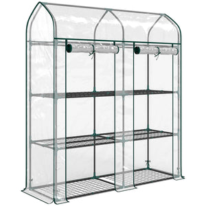 Serre de Jardin avec Étagères 3 Niveaux à Toit Pointu, Petite Serre de Balcon en Bâche PVC et Châssis Acier, 2 Portes Roulantes, pour Légumes Plantes Fleurs, 143 x 46 x 165 cm, Transparent