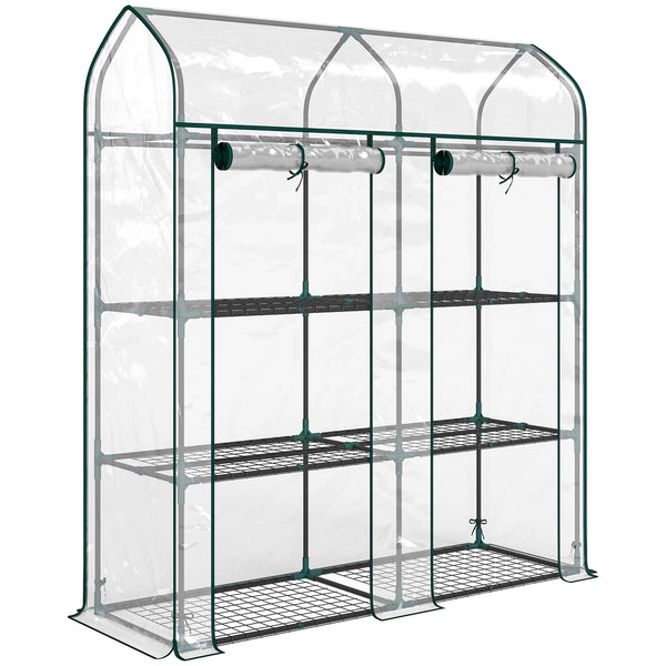 Serre de Jardin avec Étagères 3 Niveaux à Toit Pointu, Petite Serre de Balcon en Bâche PVC et Châssis Acier, 2 Portes Roulantes, pour Légumes Plantes Fleurs, 143 x 46 x 165 cm, Transparent