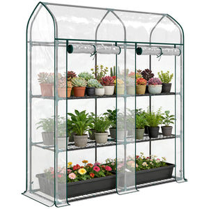 Serre de Jardin avec Étagères 3 Niveaux à Toit Pointu, Petite Serre de Balcon en Bâche PVC et Châssis Acier, 2 Portes Roulantes, pour Légumes Plantes Fleurs, 143 x 46 x 165 cm, Transparent