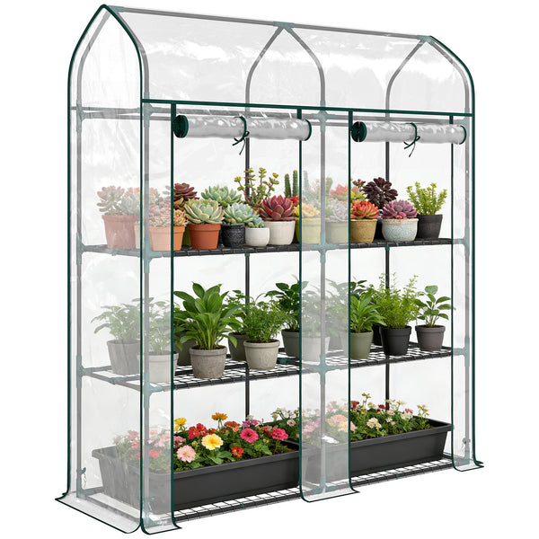 Serre de Jardin avec Étagères 3 Niveaux à Toit Pointu, Petite Serre de Balcon en Bâche PVC et Châssis Acier, 2 Portes Roulantes, pour Légumes Plantes Fleurs, 143 x 46 x 165 cm, Transparent