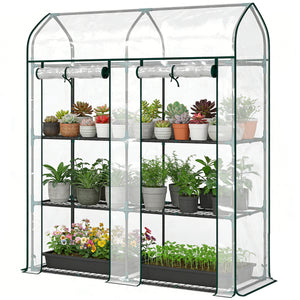 Serre de Jardin avec Étagères 3 Niveaux à Toit Pointu, Petite Serre de Balcon en Bâche PVC et Châssis Acier, 2 Portes Roulantes, pour Légumes Plantes Fleurs, 143 x 46 x 165 cm, Transparent