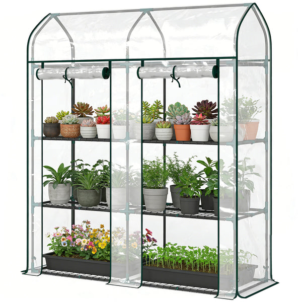 Serre de Jardin avec Étagères 3 Niveaux à Toit Pointu, Petite Serre de Balcon en Bâche PVC et Châssis Acier, 2 Portes Roulantes, pour Légumes Plantes Fleurs, 143 x 46 x 165 cm, Transparent