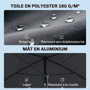 Parasol de jardin Parasol droit rectangulaire inclinable alu métal polyester haute densité 2 x 1,3 m gris