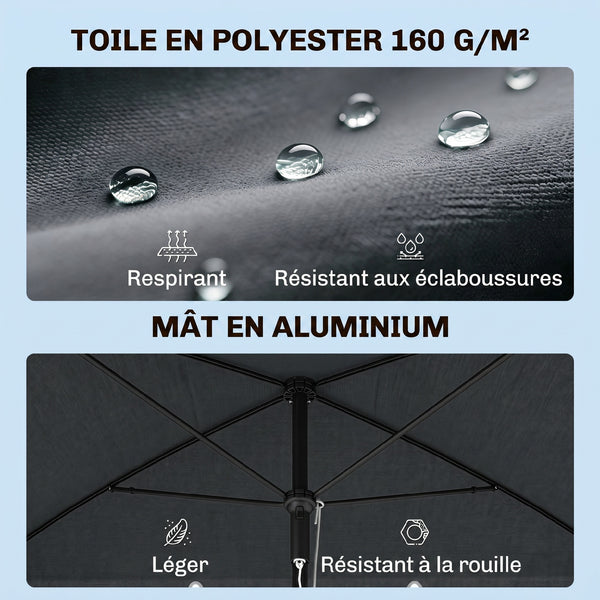 Parasol de jardin Parasol droit rectangulaire inclinable alu métal polyester haute densité 2 x 1,3 m gris