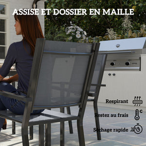 Salon de jardin extérieur 7 pièces, table extérieure avec 6 chaises empilables, plateau à lattes 150 cm, structure en acier anti-rouille, mobilier de jardin, terrasse, patio, gris