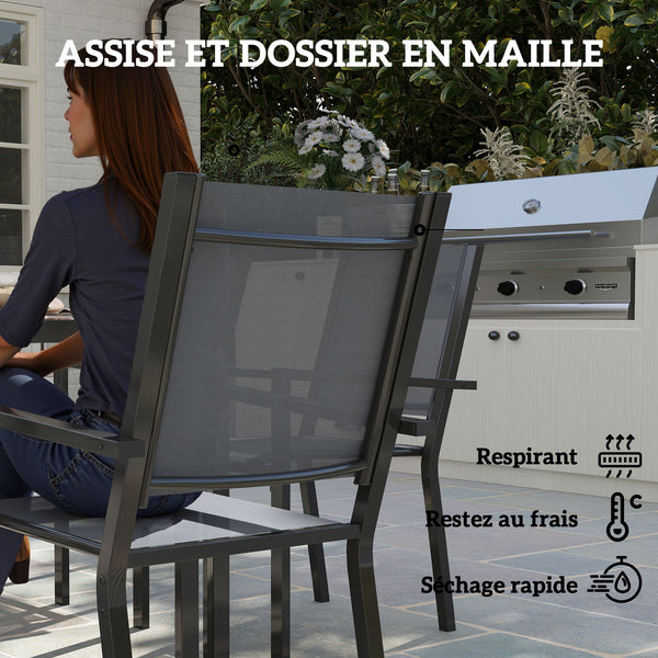 Salon de jardin extérieur 7 pièces, table extérieure avec 6 chaises empilables, plateau à lattes 150 cm, structure en acier anti-rouille, mobilier de jardin, terrasse, patio, gris