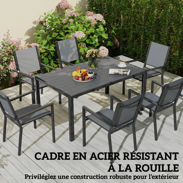 Salon de jardin extérieur 7 pièces, table extérieure avec 6 chaises empilables, plateau à lattes 150 cm, structure en acier anti-rouille, mobilier de jardin, terrasse, patio, gris
