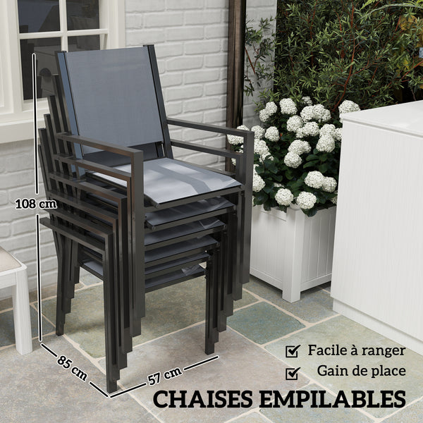Salon de jardin extérieur 7 pièces, table extérieure avec 6 chaises empilables, plateau à lattes 150 cm, structure en acier anti-rouille, mobilier de jardin, terrasse, patio, gris
