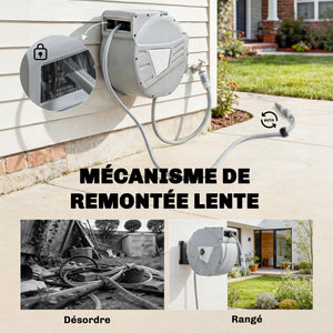 Enrouleur Tuyau Arrosage Mural 40+2 m Pivotant à 180°, Dévidoir de Tuyaux d'Eau, Buse 2 Modes, Rembobinage Auto et Progressif avec Verrou, Adaptateurs, pour Jardin, Lavage de Voiture, Gris