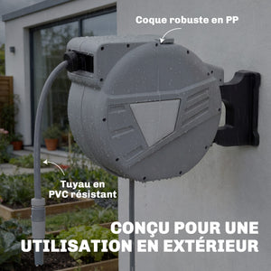 Enrouleur Tuyau Arrosage Mural 40+2 m Pivotant à 180°, Dévidoir de Tuyaux d'Eau, Buse 2 Modes, Rembobinage Auto et Progressif avec Verrou, Adaptateurs, pour Jardin, Lavage de Voiture, Gris