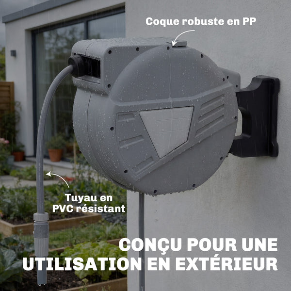 Enrouleur Tuyau Arrosage Mural 40+2 m Pivotant à 180°, Dévidoir de Tuyaux d'Eau, Buse 2 Modes, Rembobinage Auto et Progressif avec Verrou, Adaptateurs, pour Jardin, Lavage de Voiture, Gris