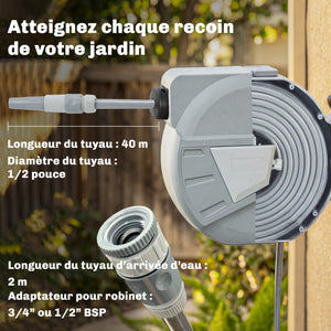 Enrouleur Tuyau Arrosage Mural 40+2 m Pivotant à 180°, Dévidoir de Tuyaux d'Eau, Buse 2 Modes, Rembobinage Auto et Progressif avec Verrou, Adaptateurs, pour Jardin, Lavage de Voiture, Gris