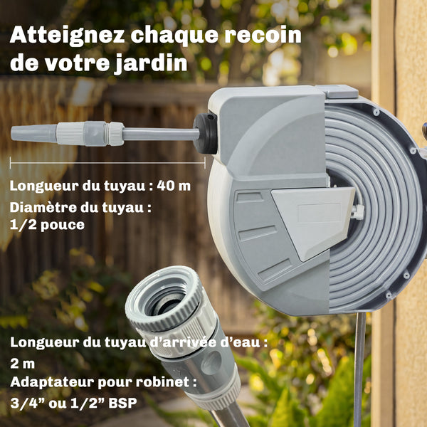 Enrouleur Tuyau Arrosage Mural 40+2 m Pivotant à 180°, Dévidoir de Tuyaux d'Eau, Buse 2 Modes, Rembobinage Auto et Progressif avec Verrou, Adaptateurs, pour Jardin, Lavage de Voiture, Gris