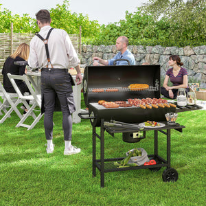 Barbecue charbon de bois avec tablette avant pliable, grand barbecue au charbon de bois avec tablette inférieure, grille de cuisson, couvercle avec thermomètre et 2 roues, noir