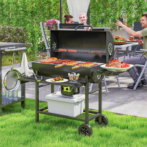 Barbecue charbon de bois avec tablette avant pliable, grand barbecue au charbon de bois avec tablette inférieure, grille de cuisson, couvercle avec thermomètre et 2 roues, noir
