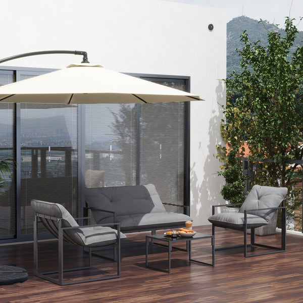 Salon de jardin extérieur 4 pièces avec coussins ultra-épais 15cm - ensemble mobilier de jardin et salon bas pour terrasse - canapé 2 places avec table basse et 2 fauteuils, cadre acier noir