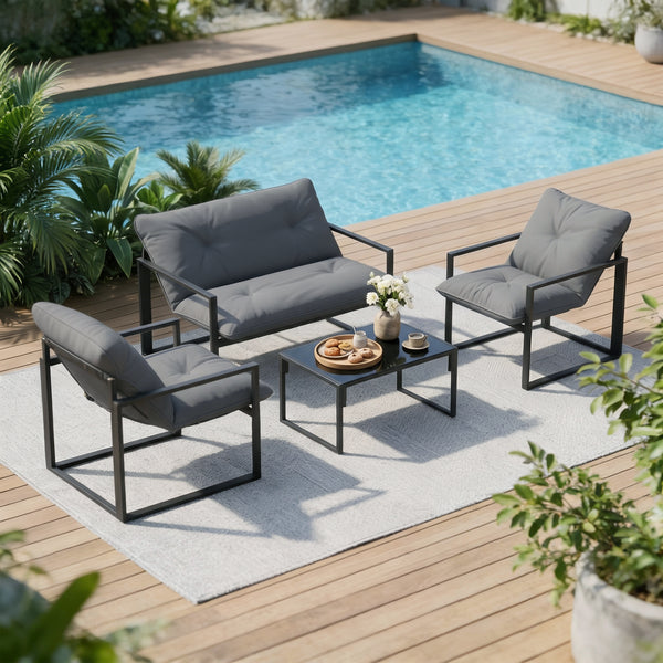 Salon de jardin extérieur 4 pièces avec coussins ultra-épais 15cm - ensemble mobilier de jardin et salon bas pour terrasse - canapé 2 places avec table basse et 2 fauteuils, cadre acier noir