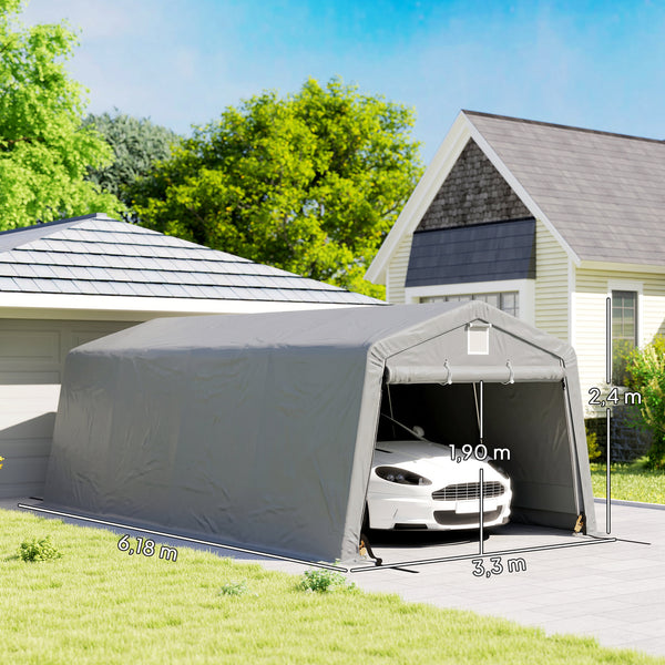 Tente garage carport dim. 6,2L x 3,3l x 2,4H m acier galvanisé robuste PE haute densité 150 g/m² imperméable anti-UV, 1 porte gris clair et 2 aérations